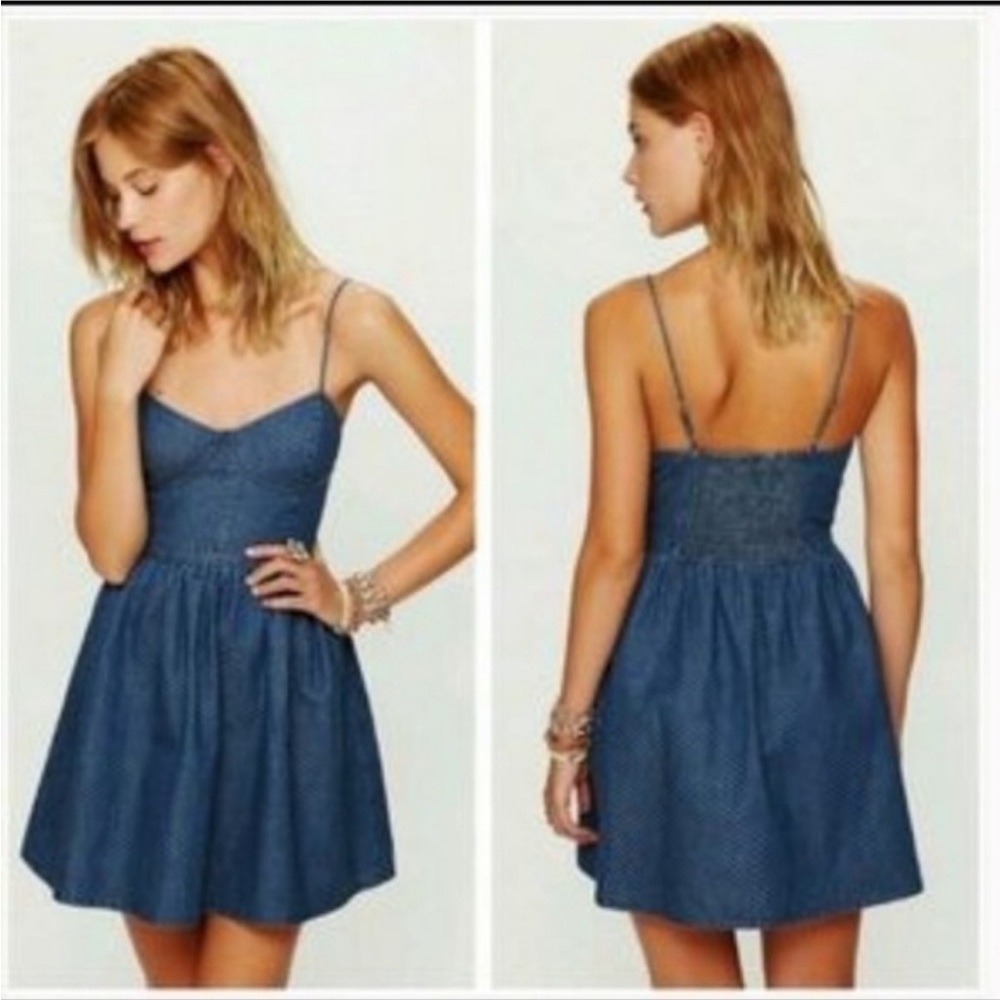 Free People Denim Bustier Smocked Mini Dress